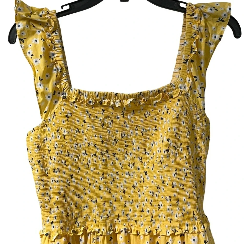 Kate Spade Yellow Floral Midi Fleurette Toss Smocked Dress Cottage Spring Size L